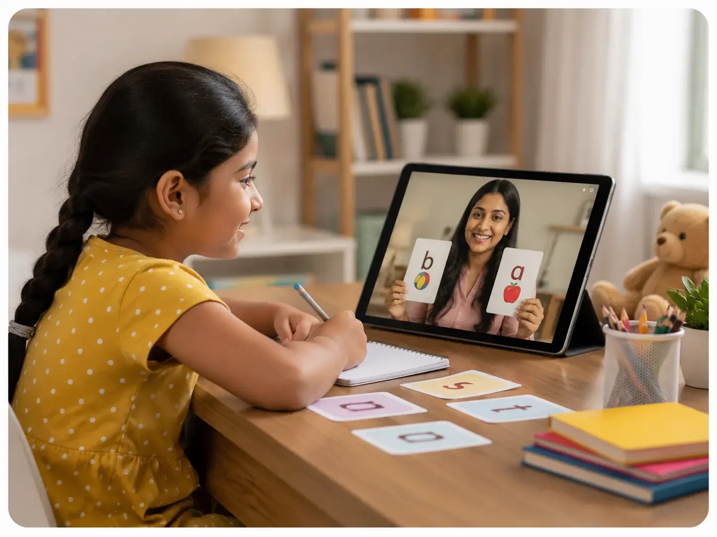 Child learning phonics online from home on a laptop