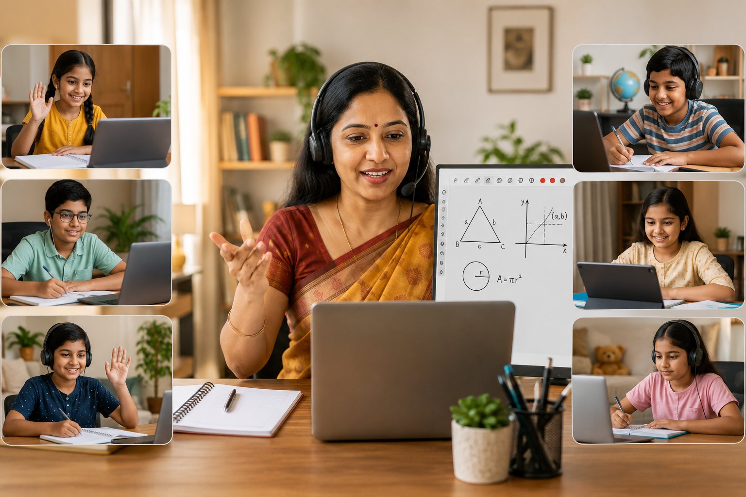 Student attending an online tuition class from home